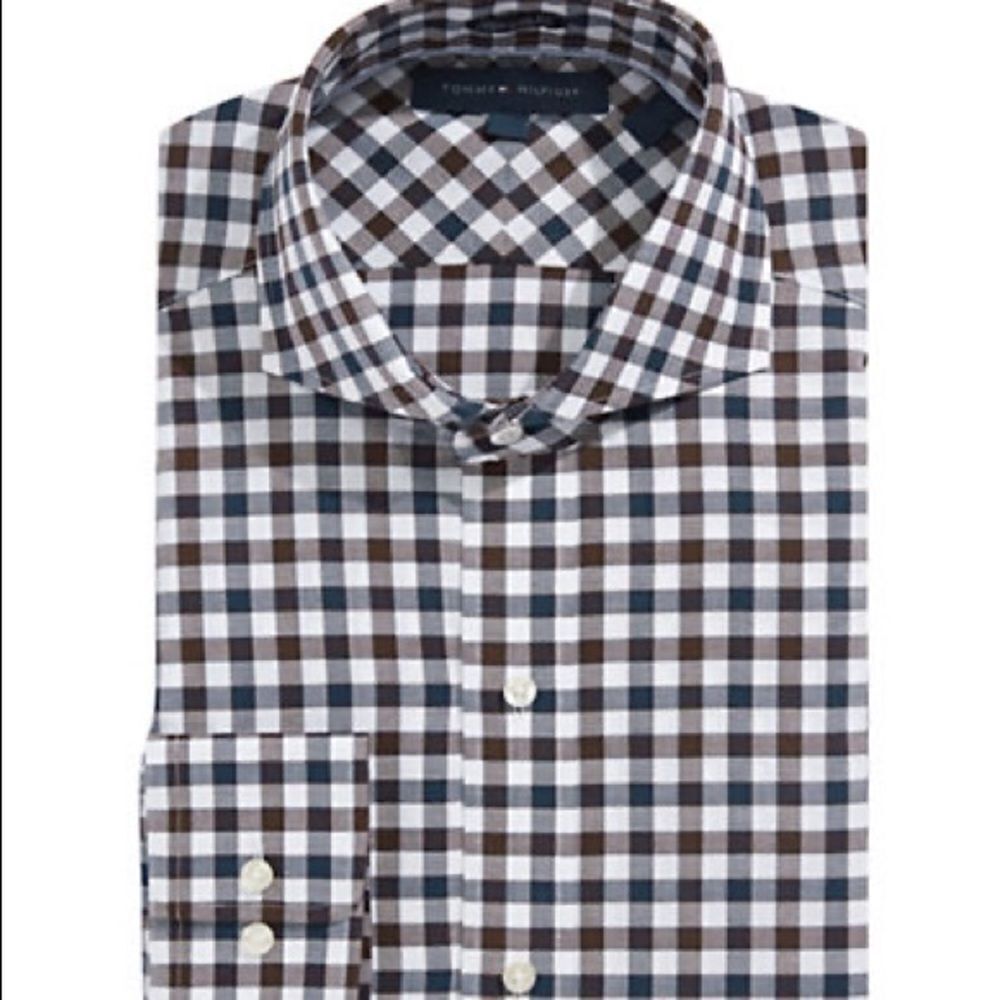 Tommy Hilfiger Cutaway Check No-Iron Dress Shirt-BROWN MULTI-15.5-34/35